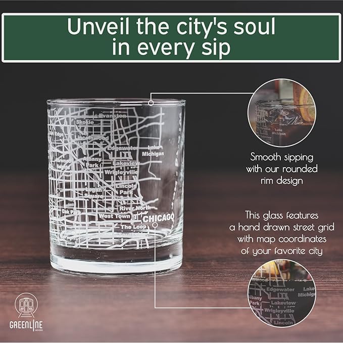 Greenline Goods - Chicago Map Etched Whiskey Glass Perfect for Bourbon, Scotch, Liquor, Cocktail - Crystal Whiskey Glasses Set of 2 - Best Tasting Experience with Vintage Rocks Glasses