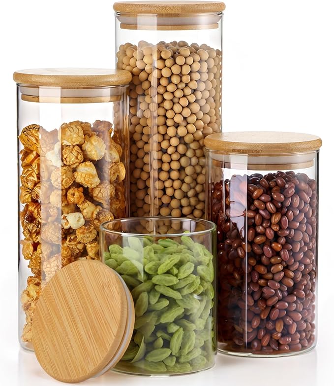 12 Pcs Glass Storage Jars with Wooden Lids, 4 Sizes Food Storage Containers Clear Stackable Canisters Airtight Glass Jars for Candy Cookie, 3.4''x4'', 6'', 7.9'', 9.8''