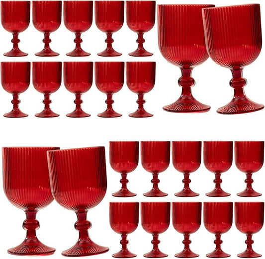24 Pcs Red Vintage Wine Glasses, 11 Ounces Colored Glass Water Goblets, Unique Embossed Pattern High Clear Stemmed Glassware Wedding Party Bar Glass Drinking Cups Fancy Glasses Set Hand Wash Only