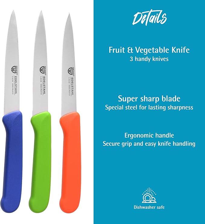 Vegetable Knives Set of 3 Stainless Steel, Multi-Coloured, Super Sharp, Dishwasher Safe