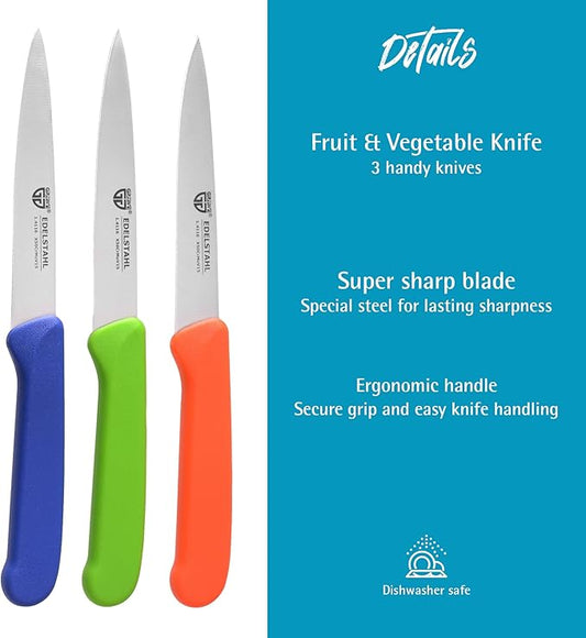 Vegetable Knives Set of 3 Stainless Steel, Multi-Coloured, Super Sharp, Dishwasher Safe