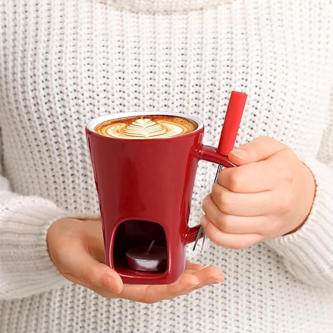 Fondue Mug Chocolate Melting Cup Cookware Candy Hot Pot, Personal Melted Chocolate Fondue Set Of 3, Ceramic Meltie Cup With Fork & Candle, Sweet Mugs For Cooks Kids Adults