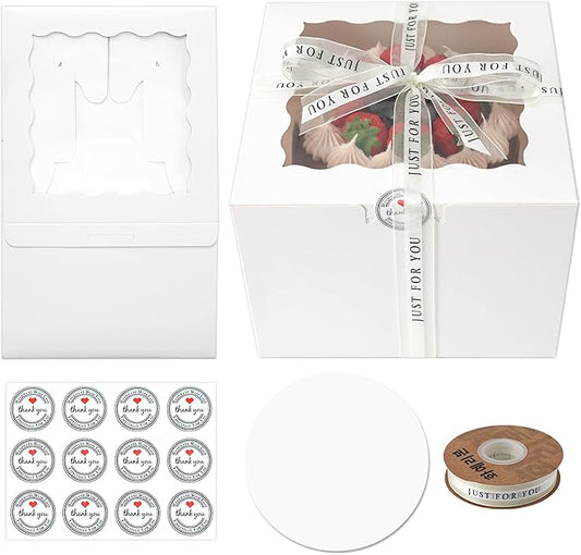 6x6x5 Cake Box, 28 Sets White Cake Box with Window ＆ 28Sets 6" Cake Round Boards, 6inch Cake Containers. (White, 665inch/28pcs)