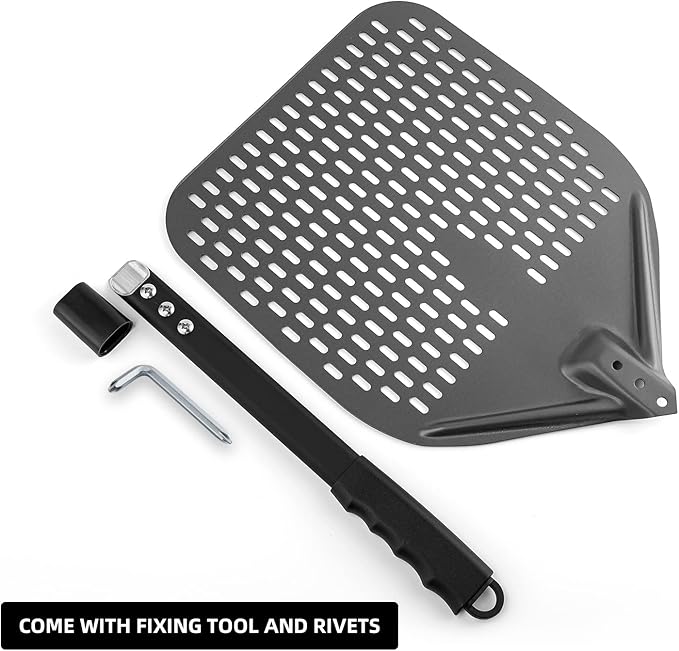 Perforated Pizza Peel, Professional 12 x 14 Inch Paddle Anodized Aluminum Turning Peel with Detachable Alloyed Handle for Home Made Pizza