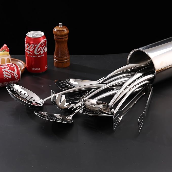 18/10 Stainless Steel Kitchen Utensils Set with Holder - 15″ Spatula Spoon Set with Storage Organizer for Countertop, Fork, Tongs, Spatula, Ladle, Skimmer, Turner, Spaghetti, Large Spoon Set of 12