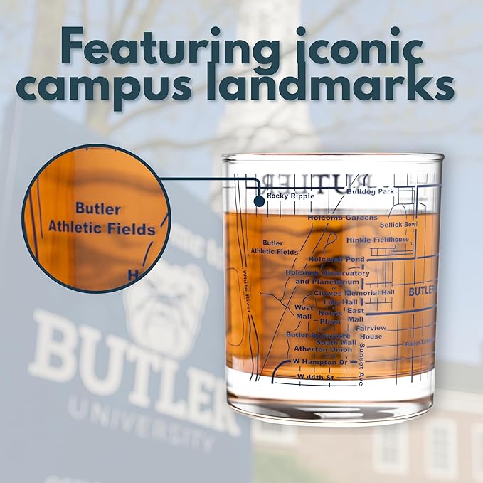 Greenline Goods – University of Butler Bulldogs College Whiskey Glasses (Set of 2), 10 oz – Full-Color Logo + Campus Map