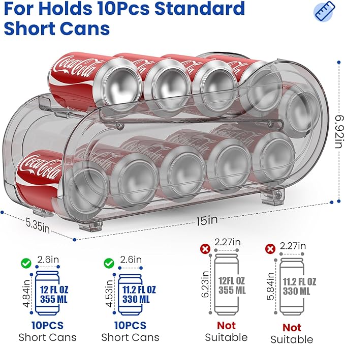 2 Pack Auto-Rolling Soda Can Organizer for Refrigerator/Fridge, Upgraded Soda Can Dispenser & Holder for Pantry Storage 10 Standard Size 12oz/ 11.2oz/ 355ml/ 330m Drink Short Cans (Gray)