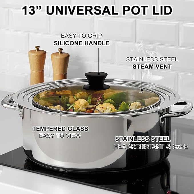 13 Inch Large Universal Pan Lid, Stainless Steel Pots Lid Fit 11, 12,13 Inch Pots and Pans, Heat Resistant Stainless Steel and Tempered Glass Lid, 13 In Frying Pans Lid