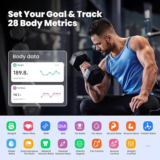 Smart Scale with Large Color Display, Digital Bathroom Scale for Body Weight BMI Muscle Mass, 25 Composition, Body Fat Scale with Heart Rate, 11.8" Large Platform, 400 lbs (White)