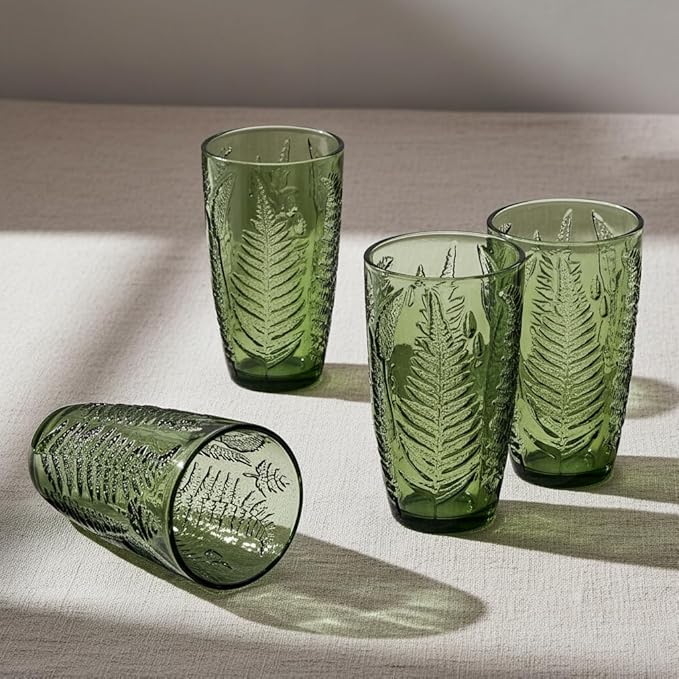 Vintage Green Drinking Glasses Set of 4 – 16 oz Hand-Blown Glass Tumblers, Heavy Textured Highball Cups, Antique-Style Colored Glassware, Retro Boho Aesthetic Drinkware – Unique Housewarming Gift