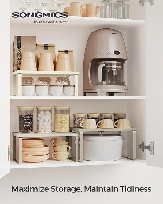 SONGMICS Cabinet Organizer Shelf, Set of 3 Kitchen Counter Shelves, Kitchen Storage, Spice Rack, Stackable, Expandable, Sand Beige UKCS220K01