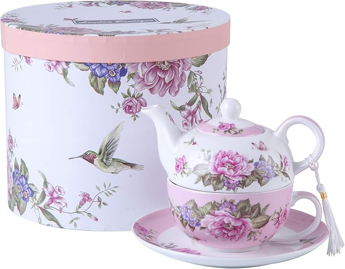 London Boutique Tea for One Teapot Cup Saucer Set Vintage Bird Rose Butterfly Flora New Bone China Gift Box (Pink)