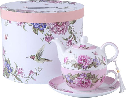 London Boutique Tea for One Teapot Cup Saucer Set Vintage Bird Rose Butterfly Flora New Bone China Gift Box (Pink)