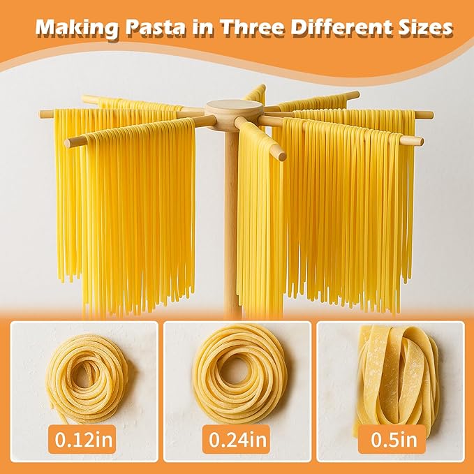 3 Size Pasta Making Tools, 11Pcs Wooden Pasta Making Kit with 3 Size Threaded Rolling Pins, Long Rolling Pin, Rotatable Pasta Drying Rack, Gnocchi Board, Dough Cutter, Wheel Cutter, 2 Stamps