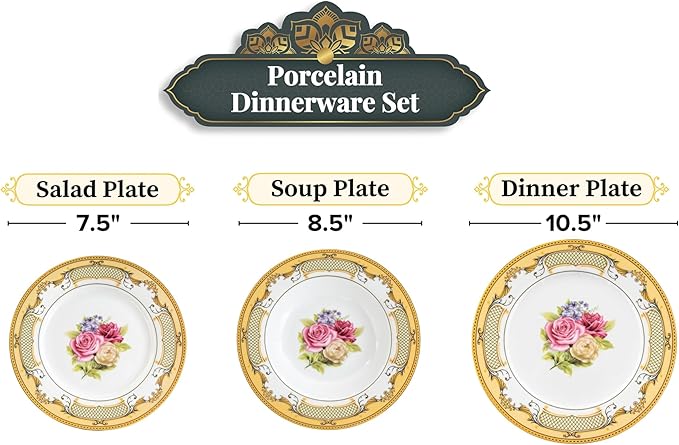 32 Piece Dinnerware Sets for 8 – Vintage Porcelain Plates, Bowls – White and Gold Rose Floral Design Dishware for Kitchen Table, Everyday Dining or Formal Use (Roses Gold)