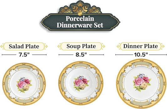 32 Piece Dinnerware Sets for 8 – Vintage Porcelain Plates, Bowls – White and Gold Rose Floral Design Dishware for Kitchen Table, Everyday Dining or Formal Use (Roses Gold)