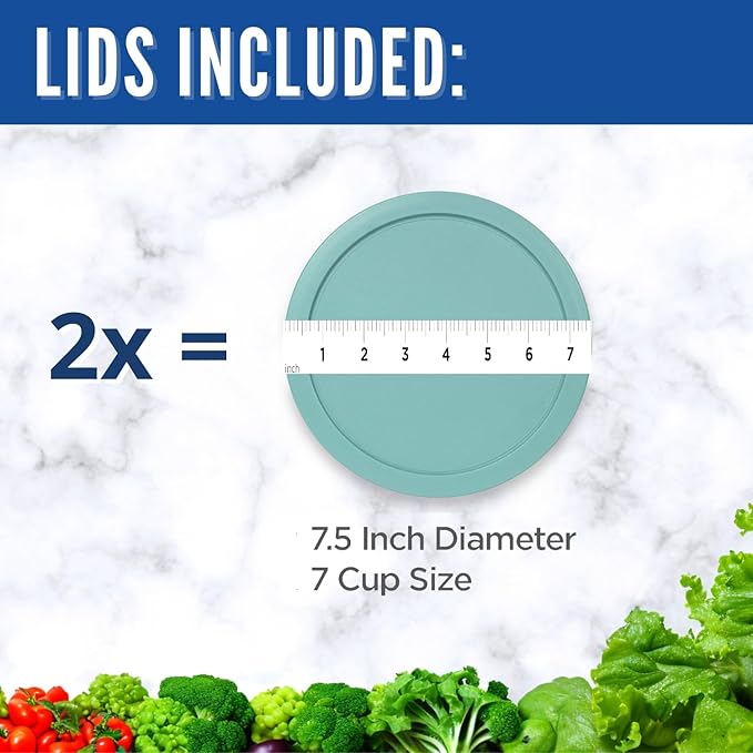 Replacement Lids for Pyrex 6 & 7-Cup Glass Food Storage Container Bowls, 7.5-Inch Plastic Round Lids Covers fits Pyrex 7402-PC, Airtight & Leakproof (2-Pack, Turquoise)