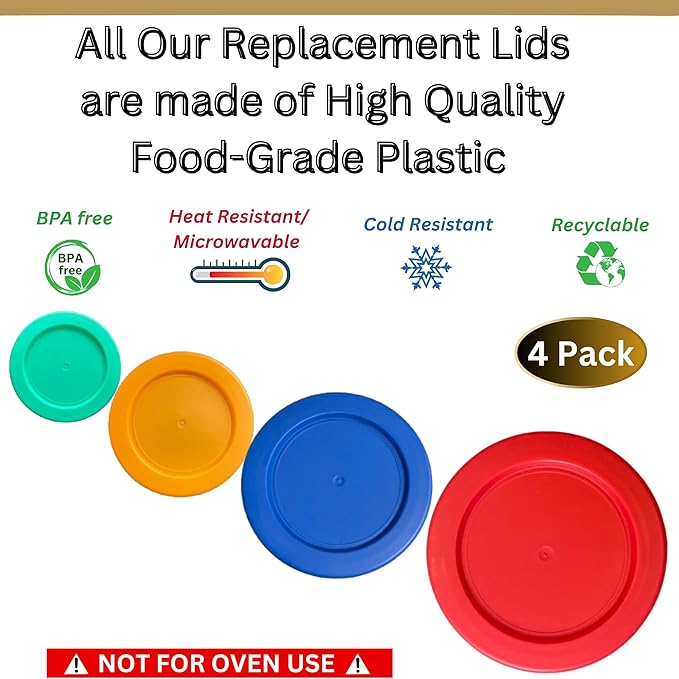 1, 2, 4 & 7 Cup Green, Orange, Blue, Red Replacement Lids/Covers for Pyrex, Anchor Hocking & KlareWare Storage Bowls *Lids Only Glass Container Not Included* (4 Pack *One of Each Size*)