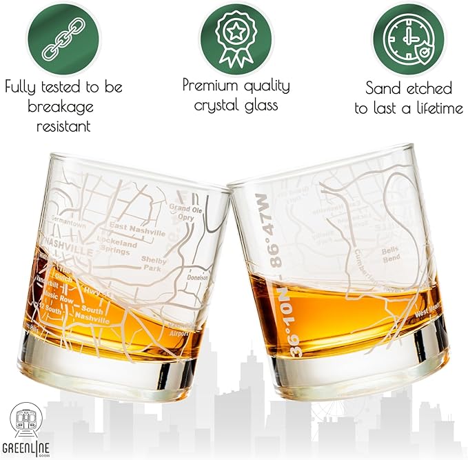 Greenline Goods Whiskey Glasses - 10 Oz Tumbler Gift Set for Nashville lovers, Etched with Nashville Map | Old Fashioned Rocks Glass - Set of 2