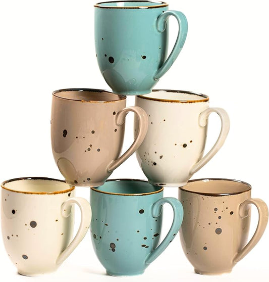 Esfour Ceramic Coffee Mugs Set Of 6, 14 Oz Large Handle Heavy Duty Cups - Microwave Dishwasher Safe - Latte, Cappuccino, Tea, Cocoa, Mocha - Men, Women, Home Office Daily Use, Natural Assorted Colors