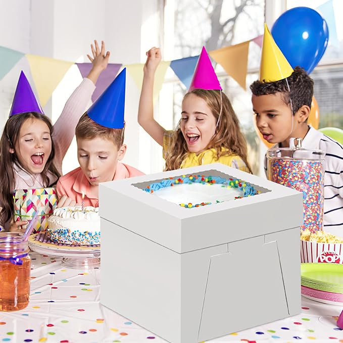 WINKIO Cake Box with Cake Boards, 10 Pack Disposable Cake Carrier, Cakes Transport Container, White Bakery Holder with Window (10, white, 10x10x8 In)