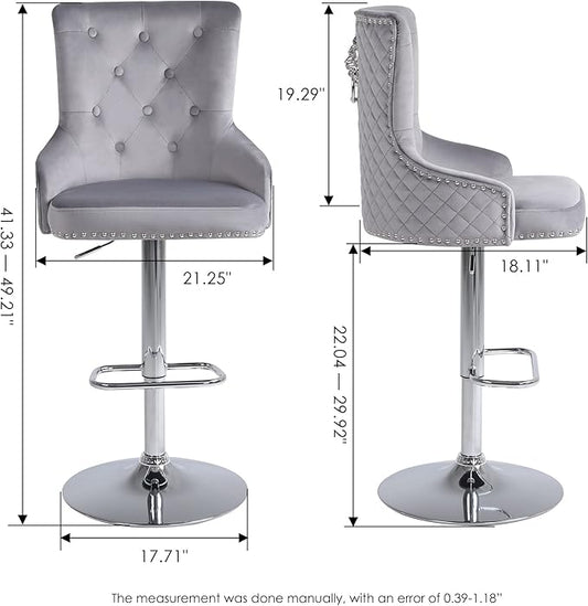 Velvet Lion Bar Stools Set of 4, Modern Height Adjustable Swivel Barstools with Chrome Base, Tufted Counter Height Bar Stools Upholstered Bar Chairs for Kitchen Island, Dining Room, Grey