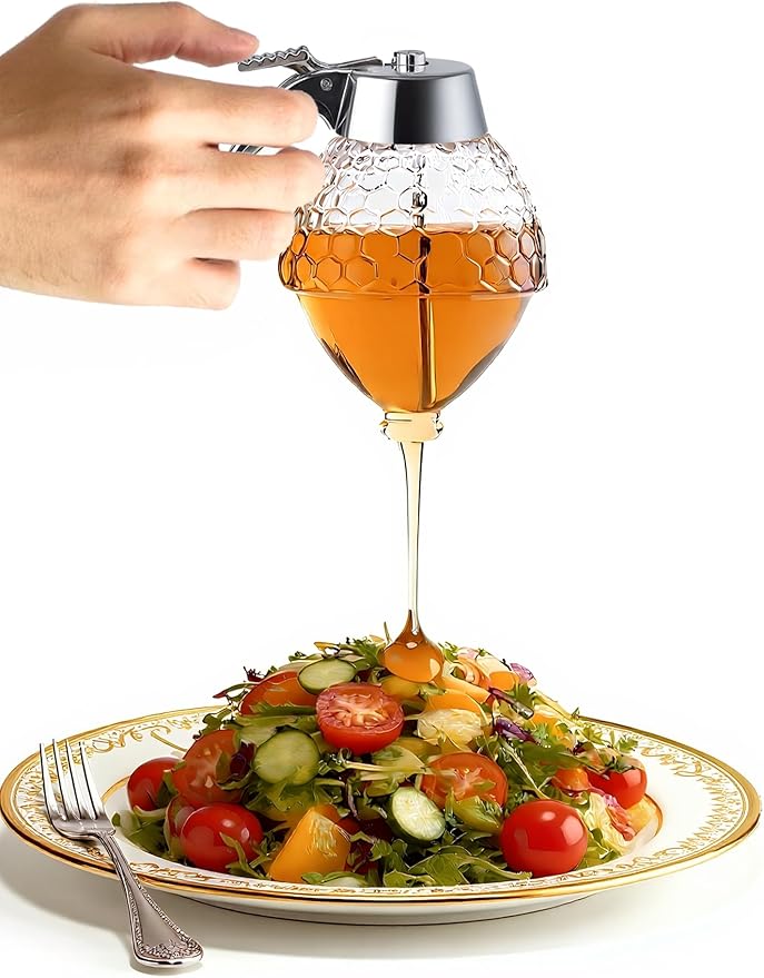 8-Ounce Drip Free Glass Honey Jar, Dispenser, Equipped With a Spoon, Stand,And Honeycomb Decoration Suitable for Maple Syrup, Honeycomb Syrup Server and Bee-themed Storage Tank