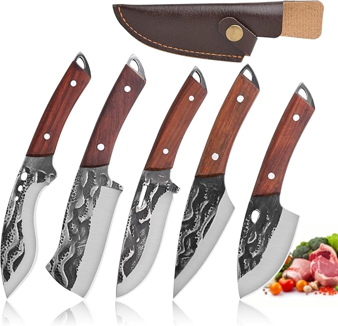 Hand-Forged Kitchen Knife, 5-Piece Professional Chef Knife Set, Outdoor, BBQ Meat Cleaver Cooking, Forged Kitchen Knives with High-Carbon Stainless Steel Cutlery and Leather Sheath.