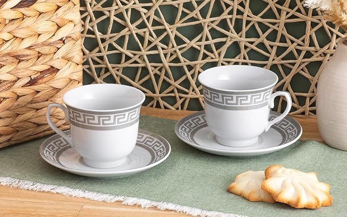 Porcelain Tea Cup and Saucer Set - 4 Piece White with Silver Greek Key Design - 5.5 inch Saucers, 6.5 oz Cups - For Tea Parties, Cappuccino, Decor - Chip Resistant (Meander Silver 3004, 4 Piece)