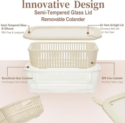 Urban Green Glass Food Storage Containers with Glass Lids, Microwave Safe Food Container Set, Aitight Meal Prep Container Set, BPA Free Colander, LeakProof, 2 Pack