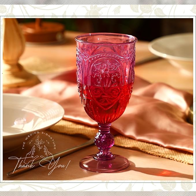 18 Pack Plastic Goblets 10oz Upgrade Vintage Water Goblet Plastic Wine Glasses Colored Retro Embossed Glassware for Party Wine Bar Juice Baby Shower Wedding Reception Grand (Purple)