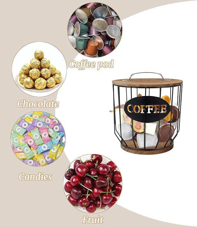 Metal Coffee Pod Holder Wire Coffee Pods Storage Basket Espresso Capsule Storage for Home Kitchen Cafe Hotel (Black with lid)