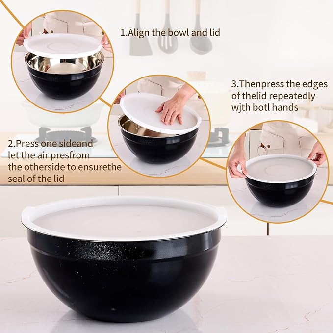 Black Mixing Bowls with Airtight Lids, Stainless Steel Nesting Mixing Bowls Set of 7, Ideal for Baking, Prepping and Serving Food, Size 7, 3.6, 2.7, 2.1, 1.5, 1.1,0.8 QT, Stackable Design