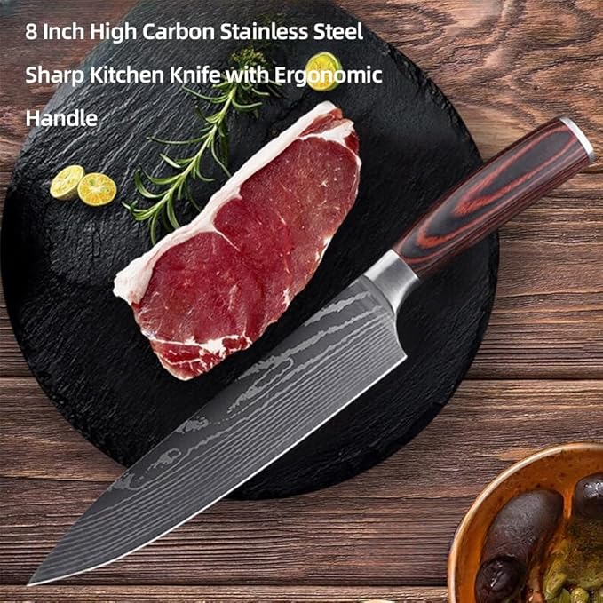 Kitchen 8 Inch Chef's Knife, Professional Japanese Chef Knives with High Carbon Stainless Steel Ultra, Sharp Knives with Ergonomic Color Wooden Handle for Cooking Meat, Fruits, Vegetables.