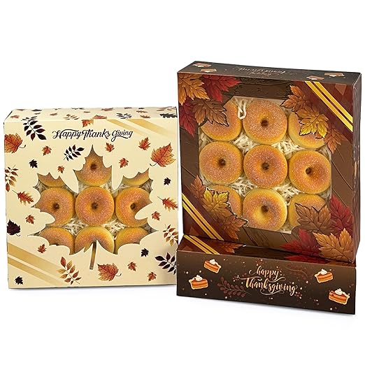 qiqee Thanksgiving Cookie Boxes with Window For Gift Giving Fall Treat Boxes 10x10x2.5 inch 30Packs Pie Donut Bakery Box