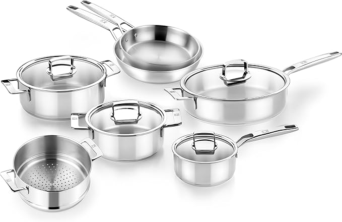BRA COOKWARE Signature 12 Piece Cookware Set | Stainless Steel Professional Kitchenware Set | 2 Pots, 1 Sauté Pan, 3 Frying Pans, 1 Saucepan, 1 Colander, 4 Lids | All Stovetop Compatible | PFOA Free