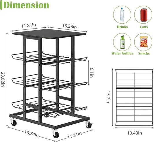 smusei Water Bottle Organizer 3 Tier Free Standing Storage Rack Mobile Beverage Snack Cart with Wheels, Bottled Water Rack for Floor Metal Drink Shelf Stand for Pantry Living Room