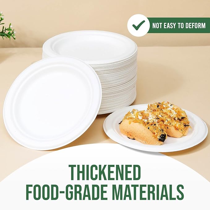 7-Inch White Paper Plates 100 Pack - 100% Compostable Dessert Plates | Leakproof Disposable Plates for Party, Microwave Safe & Oil Resistant, Eco-Friendly Small Dinnerware (100 Count)