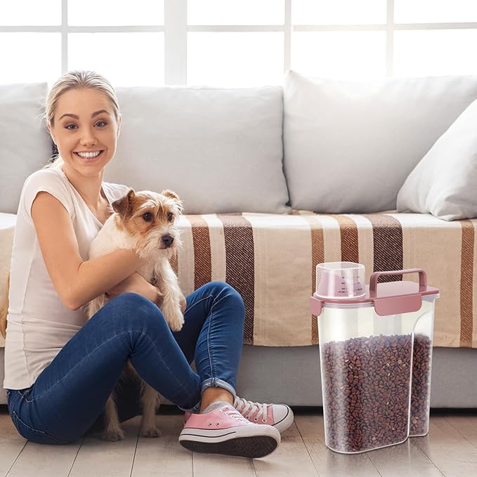 5-7Lbs Cat Dog Storage Container, Portable Pet Food Containers with Upgraded Large Spout and Cup, Small Animal Kibble Dispenser for Bird Seed, Oatmeal, Rice, Flour (1, Pink, 5L)
