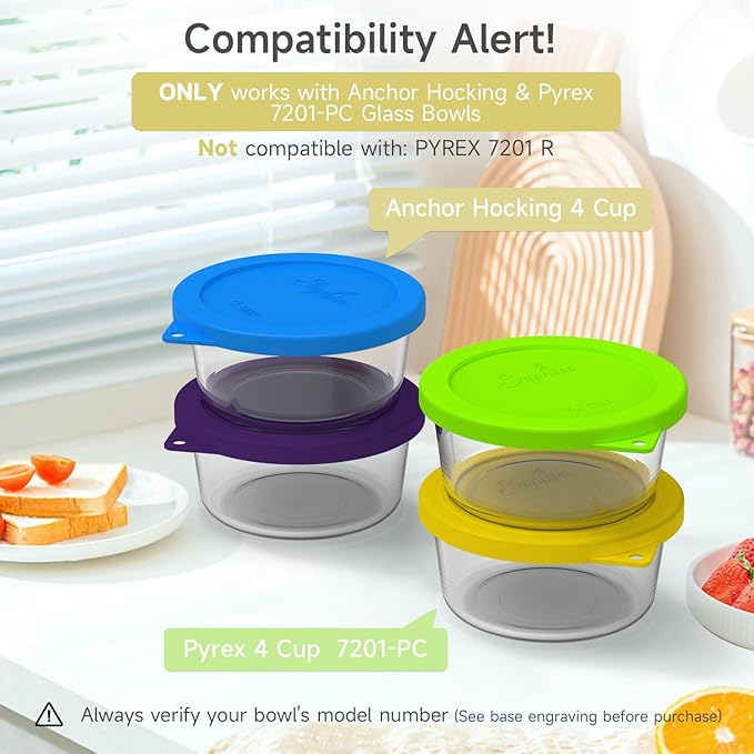 Sophico 4 Cup Round Silicone Storage Cover Lids Replacement for Anchor Hocking and Pyrex 7201-PC Glass Bowls (Container not Included) (Yellow-Green)