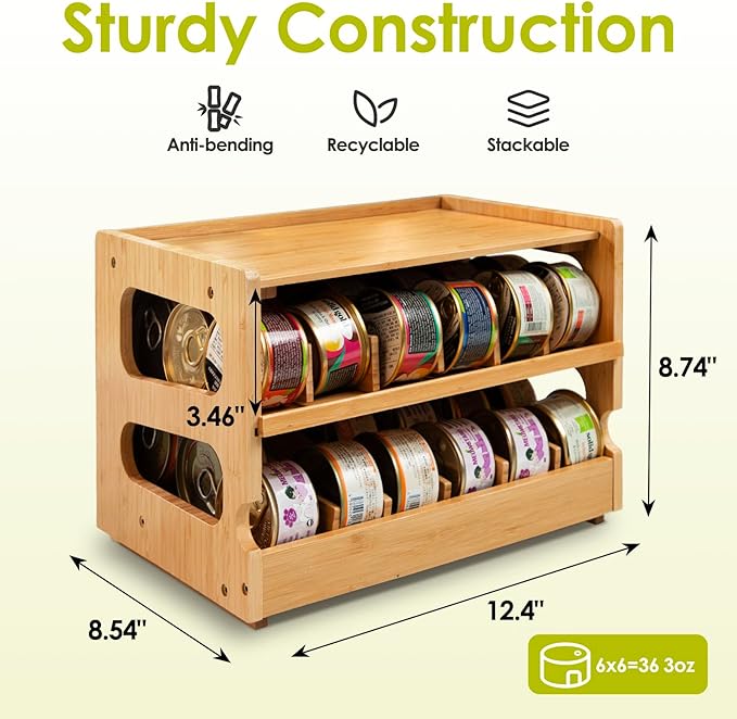 Coanto Upgraded Cat Food Organizer, Cat Food Can Organizer, Can Organizer for Pantry, Cat Food Storage, Bamboo, Holds 36 (3oz) Cans