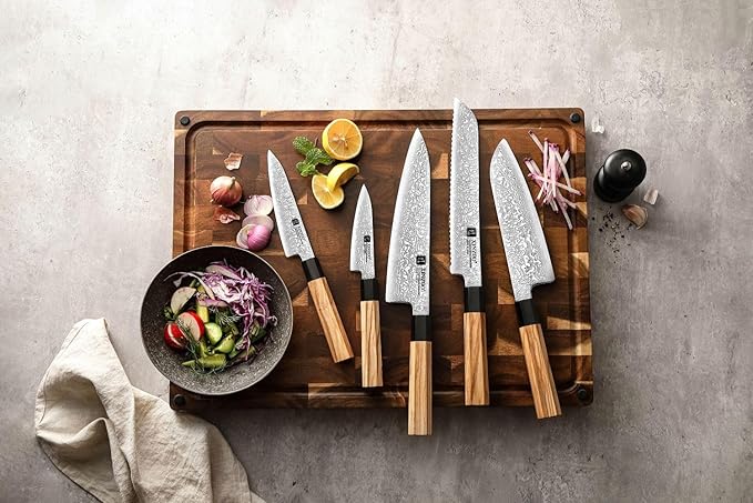 XINZUO 5 Pieces Kitchen Knife Set without Block, Hand Forged 67 Layers Damascus Steel Professional Chef Knife Set,Ultra Sharp,Olive Wood Octagonal Handle