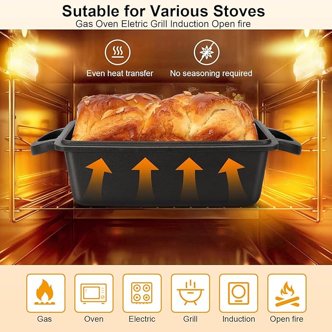 Cast Iron Loaf Pan with Lid | 9×5 Inch Bread Baking Pan | Even Heat Distribution for Perfect Homemade Bread, Cake, Meatloaf | Durable 2 Piece Set for Baking Enthusiasts Black