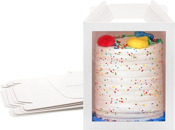 6-pack 10x10x12 inch Cake Boxes with Clear Window and Handle. Perfect as Tall Cake Carrier, Cake Transport Container, Tall Cake Boxes for Tier Cakes, Wedding Cakes, Large Cakes