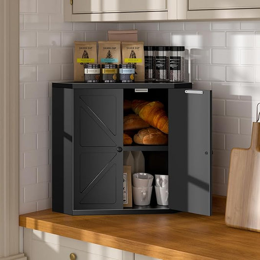 Corner Bread Box for Kitchen Countertop,Storage Container for Homemade Bread, Double Layer BreadBox, Large Capacity Bread Storage Bin, Vintage Farmhouse Breadbox Organizer,Black