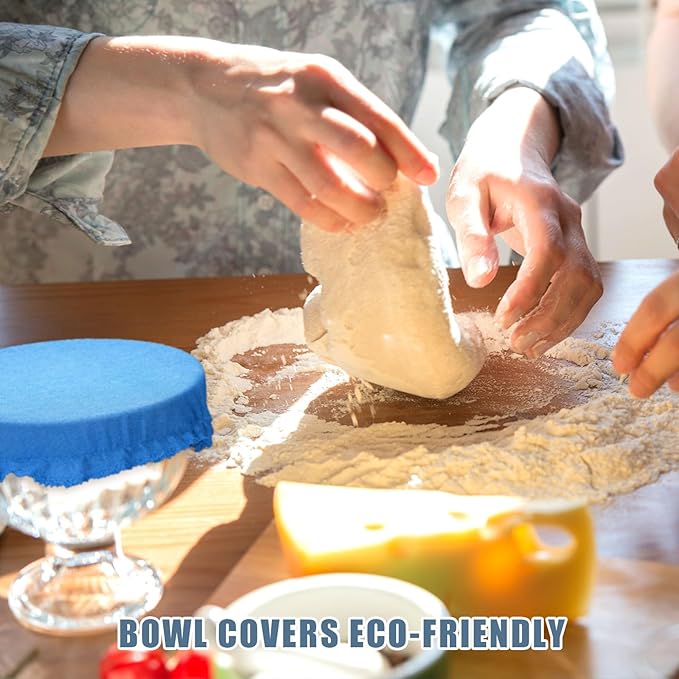 Patelai 10 Pcs Bowl Covers Reusable in 5 Size Stretch Cloth Fabric Elastic Food Storage Bowl Covers Bread Sourdough Lids for Proofing Food Fruits Leftover(Blue Style)