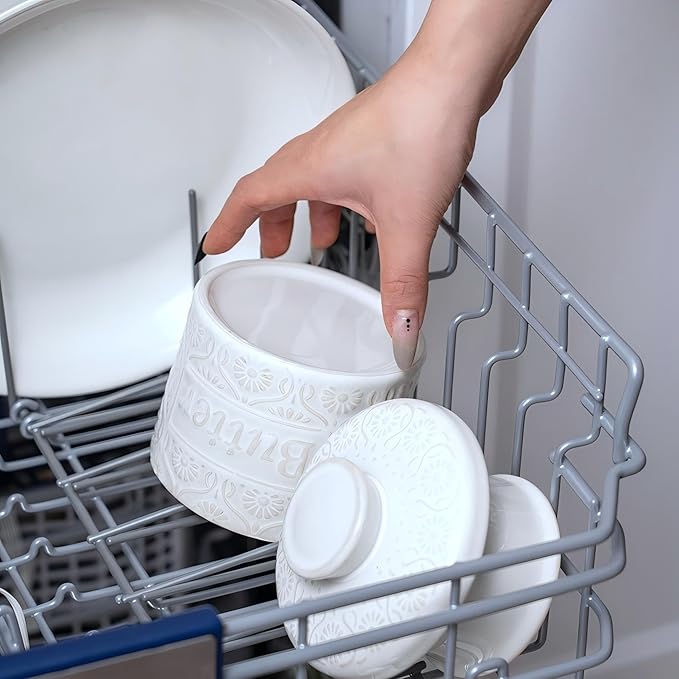 Ceramic Butter Crock with Lid, French Butter Dish with Water Line for Countertop, Butter Keeper for Spreadable Butter, Container Holder for Kitchen and Home Decor, 6.7 OZ, Vintage White