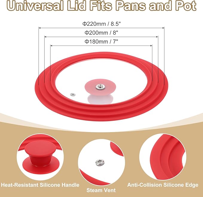 uxcell 1Pcs Universal Lid for Pot Fit 7, 8, 8.5 Inch Diameter Cookware, Replacement Pan Lids with Heat Resistant Silicone Rim, Steam Vent Pan Lid for Pots, Frying Pans, Skillets, Red
