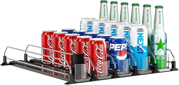Soda Can Dispenser, Self-Pushing Drink Organizer, Width Adjustable Fridge Organization, Beer Pop Can Water Bottle Dispenser (15.1"D) White (5 Row, Black)