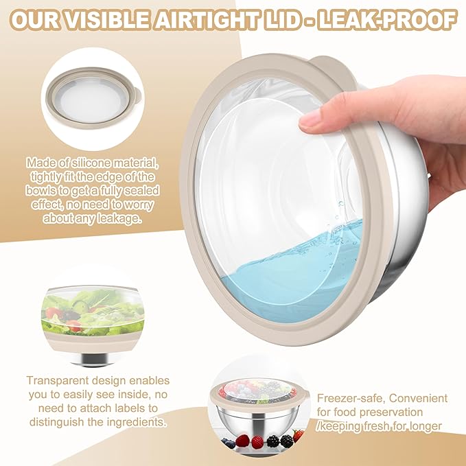 TeamFar Mixing Bowls, 4.5/3/1.5/1/0.7 QT Stainless Steel Nesting Salad Bowls with Visible Lids, For Serving/Mixing/Storing, Non-Toxic & Heavy Duty, Airtight & Easy Clean, Khaki, Set of 5